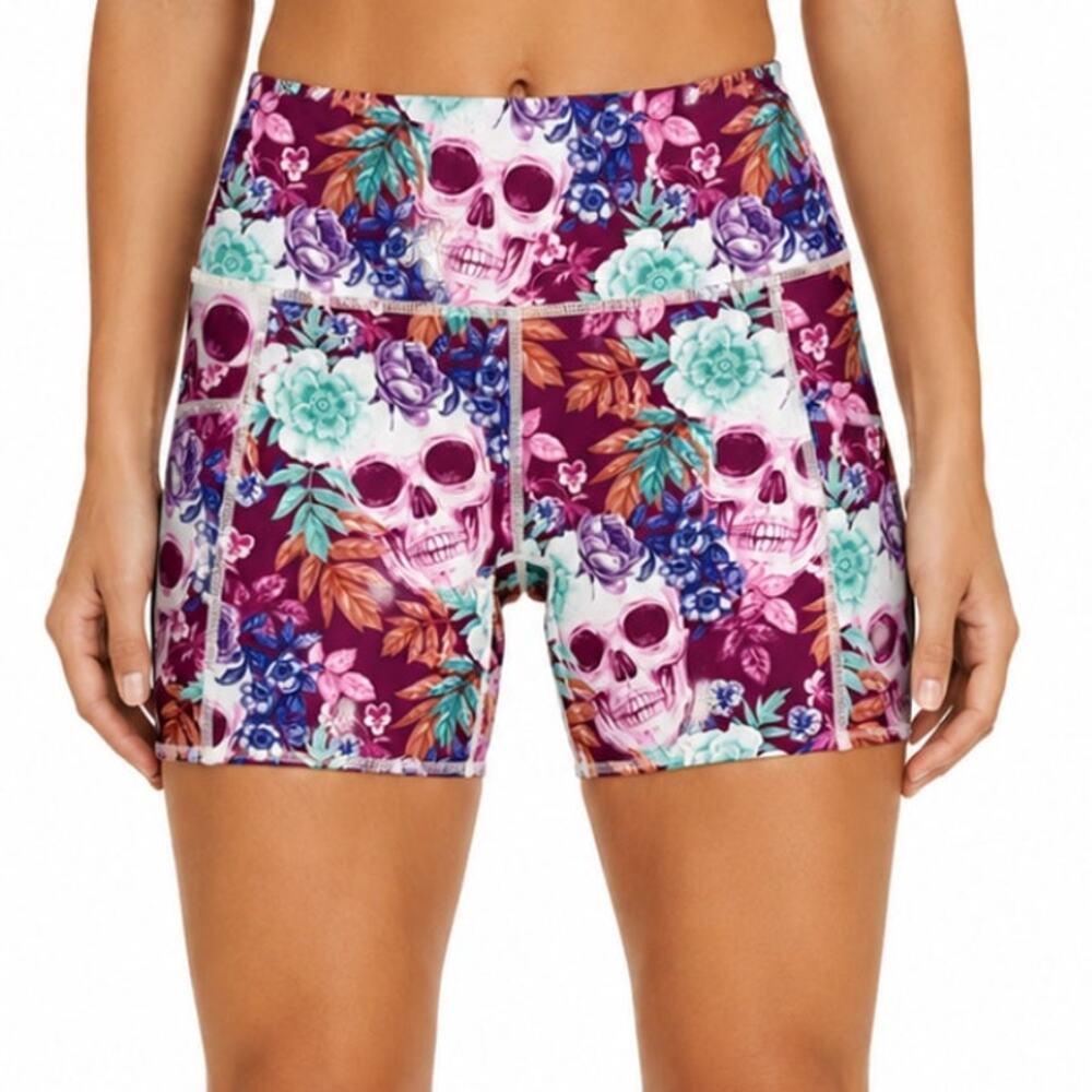 CVG Floral Skull Biker Shorts XS High Rise Side Pockets Goth Activewear NWOT